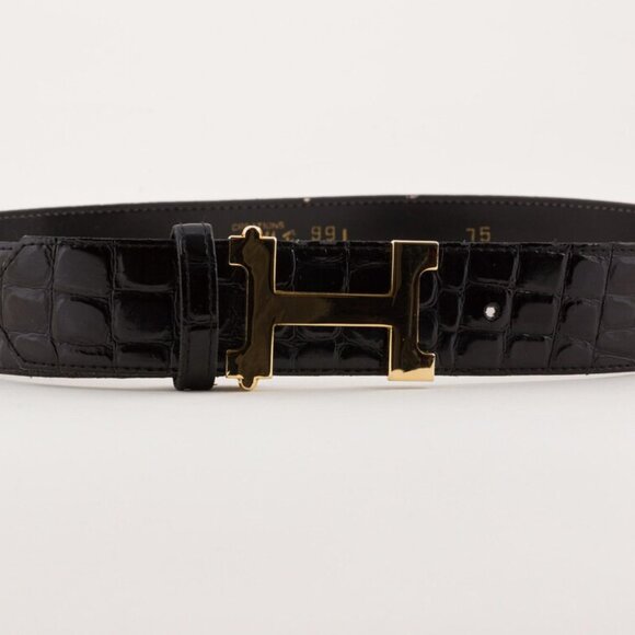 1970s/1980s Vintage "H" Buckle Black Faux Croc Waist Belt Sz XS S - Picture 4 of 8